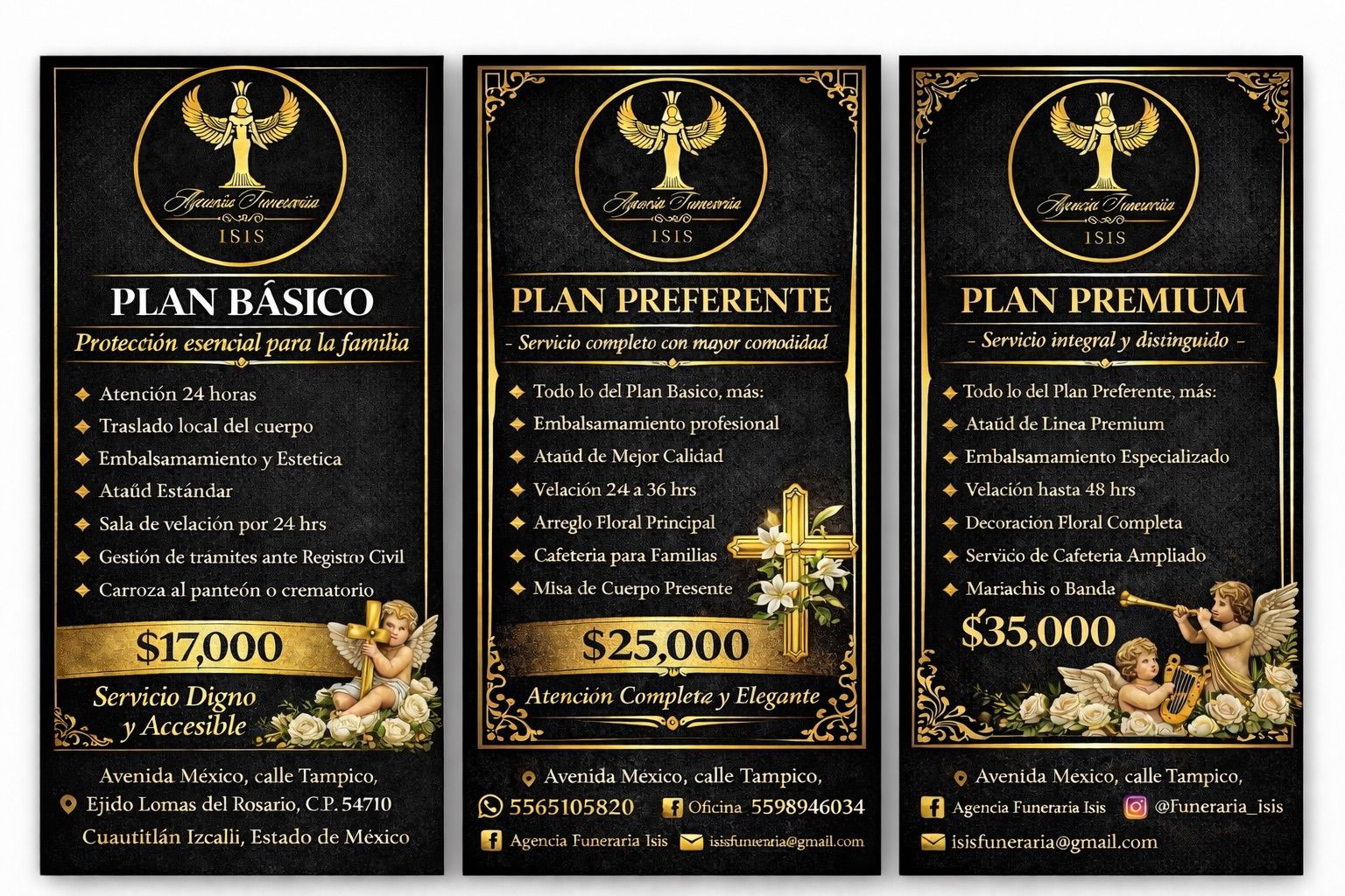 Material original de los planes Básico, Preferente y Premium de Agencia Funeraria ISIS